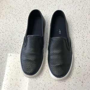 Sperry women’s black leather slip on shoes, size 8